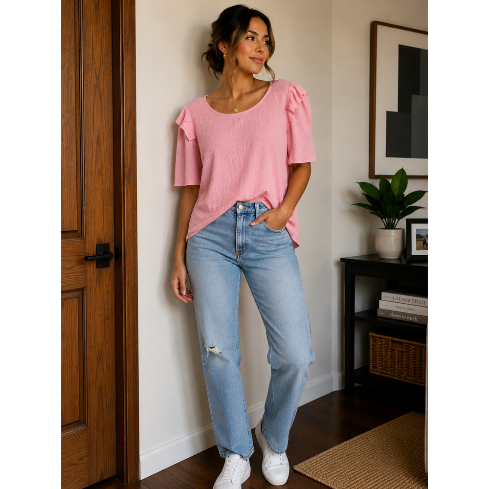 She Di Pink Ruffle Sleeve Blouse Women’s Medium Casual Textured Top